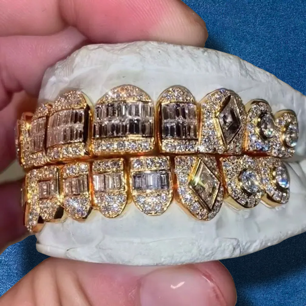 Hip Hop Iced Out VVS Invisible Setting Princess Cut Custom Yellow Gold VVS Moissanite Diamond Grillz