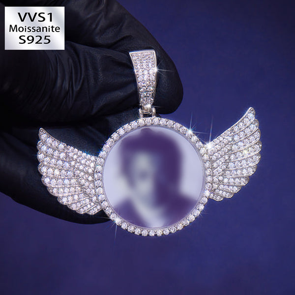 Moissanite Custom Photo Wing Circular Pendant