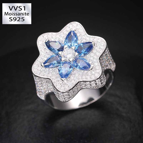 S925 Silver Moissanite Hip Hop Flower Jewel Ring