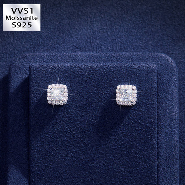 S925 Silver Princess Cut Moissanite Halo Earrings