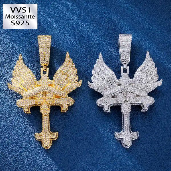 Moissanite Angel Wings Clustered Cross Pendant