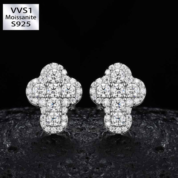 S925 Silver Moissanite Hip Hop Flower Cross Earrings