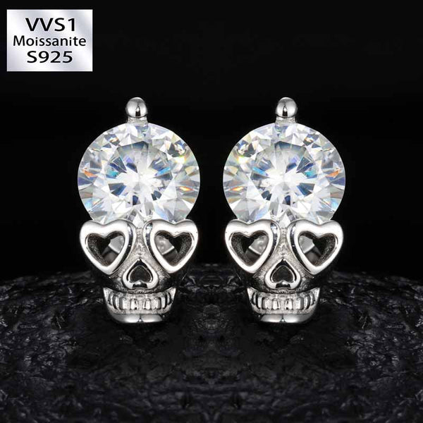 S925 Silver Moissanite Hip Hop Retro Punk Skull Stud Earrings