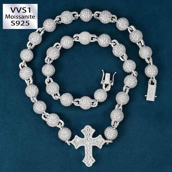 10MM Moissanite Baguette Cross Beads Link Chain 14k Gold