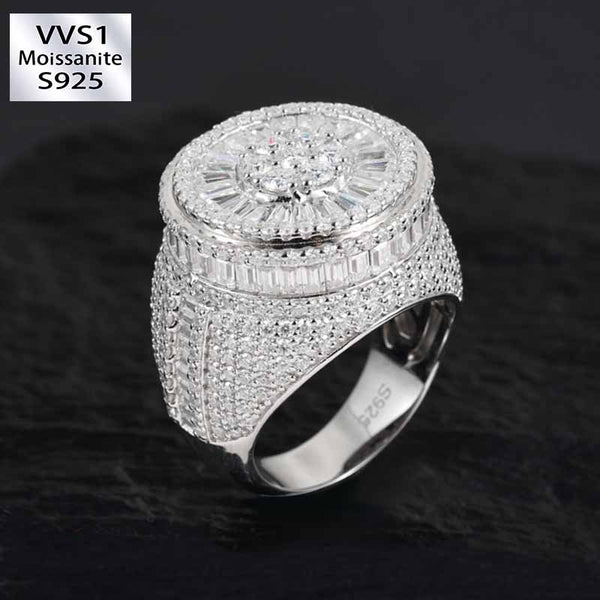 S925 Silver Moissanite Hip Hop Sparkle Round Ring